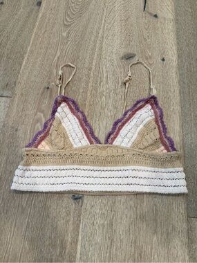 Free People Crochet Bralette in Beige, White & Purple Trim